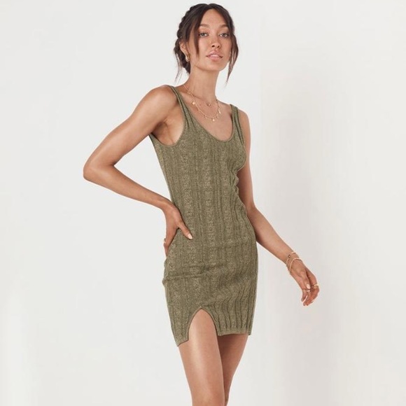 {Spell} Frenchie Rib Mini Dress Small Khaki